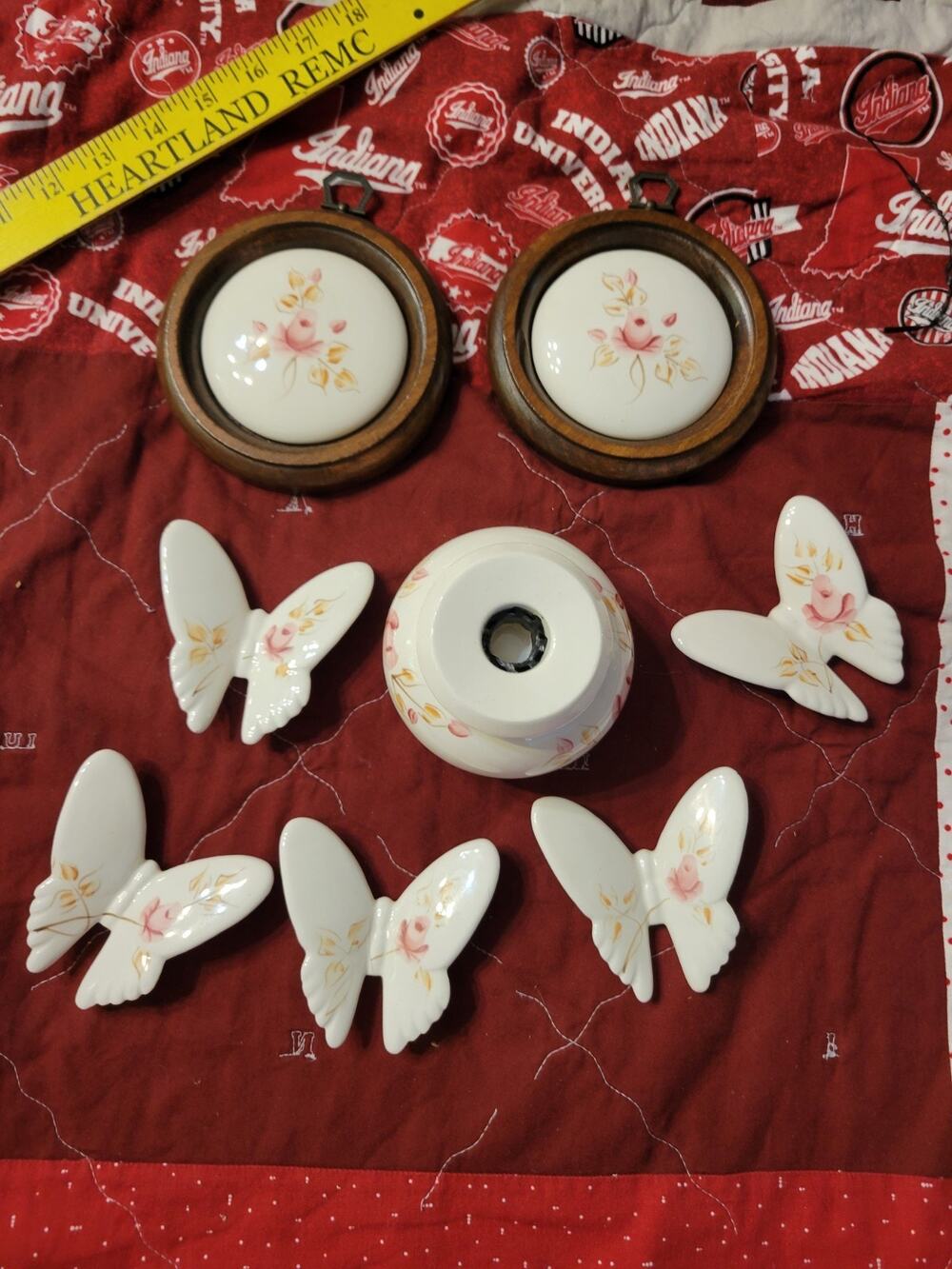 Vintage Porcelain Butterfly Wall Hanging Set & Ceramic Floral Wood Frame Plaque